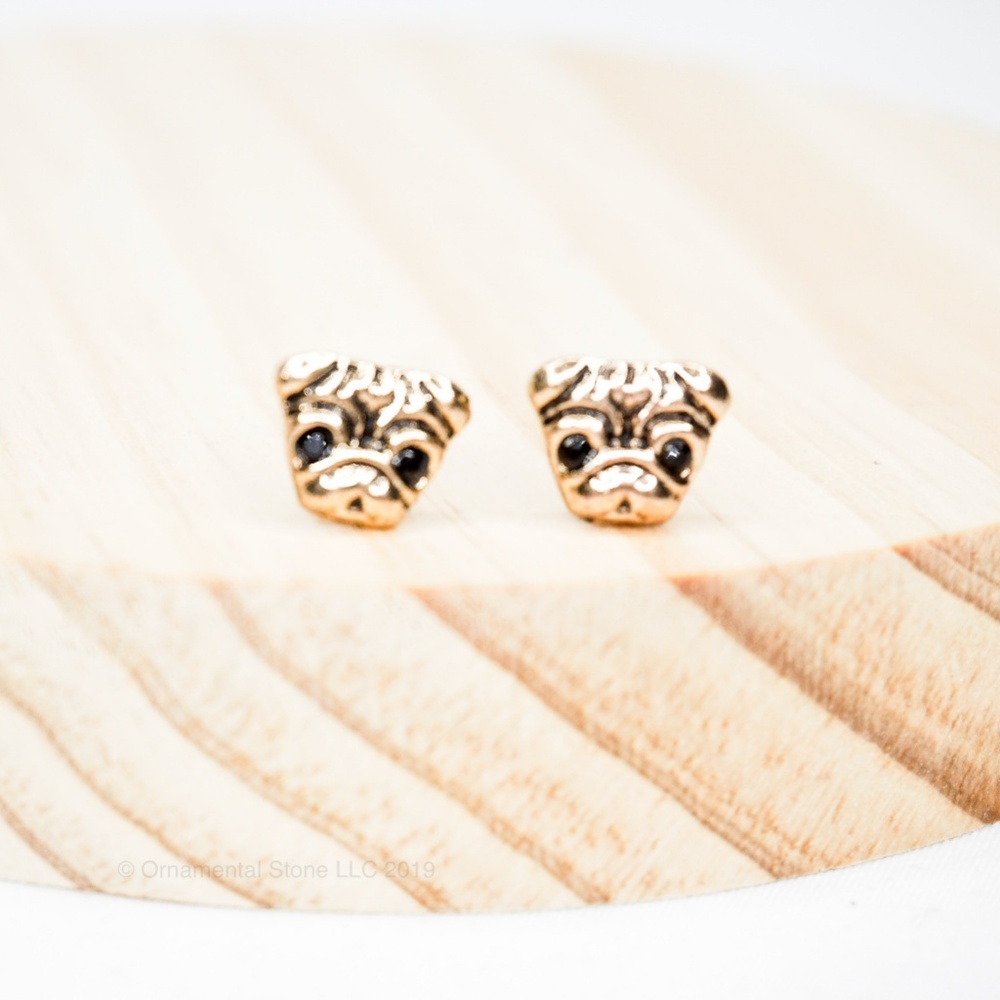 PUG Antique Gold Puppy Dog Stud Earrings #63 - Picture 3 of 3